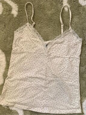 Brandy Melville Floral Lace-Trim Cami Tank - Light Cream with Dusty Pink Flowers